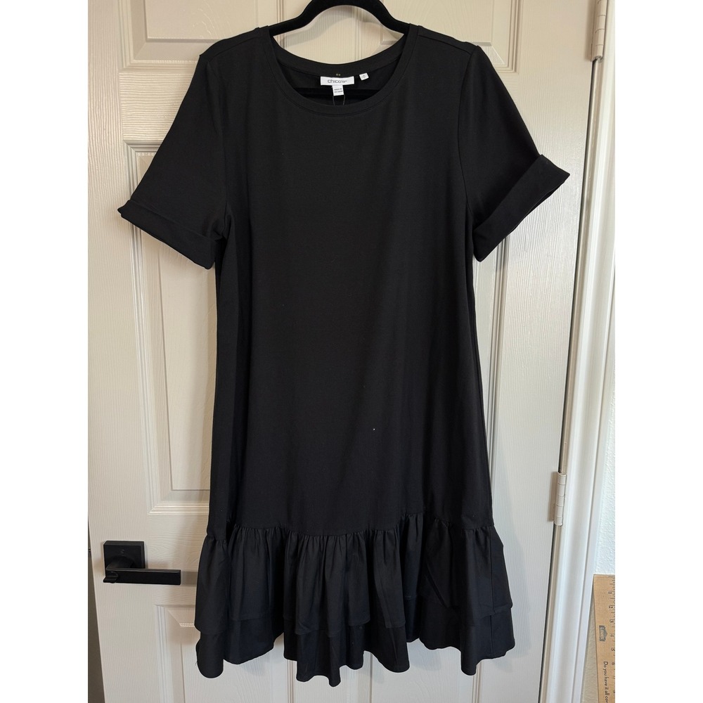 Chicos Tiered T-Shirt Dress Black Short Sleeve Ruffle Hem Size 2 L Casual Relax
